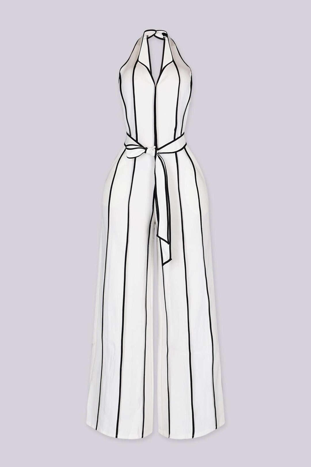 Wide leg halter jumpsuit with a plunging V neckline featuring waist tie