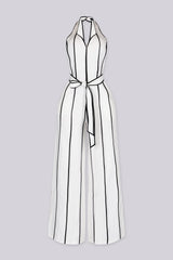 Wide leg halter jumpsuit with a plunging V neckline featuring waist tie
