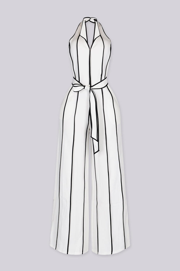 Wide leg halter jumpsuit with a plunging V neckline featuring waist tie