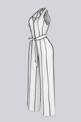 Wide leg halter jumpsuit with a plunging V neckline featuring waist tie