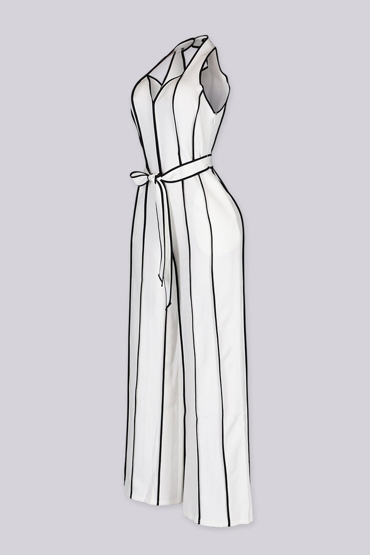 Wide leg halter jumpsuit with a plunging V neckline featuring waist tie