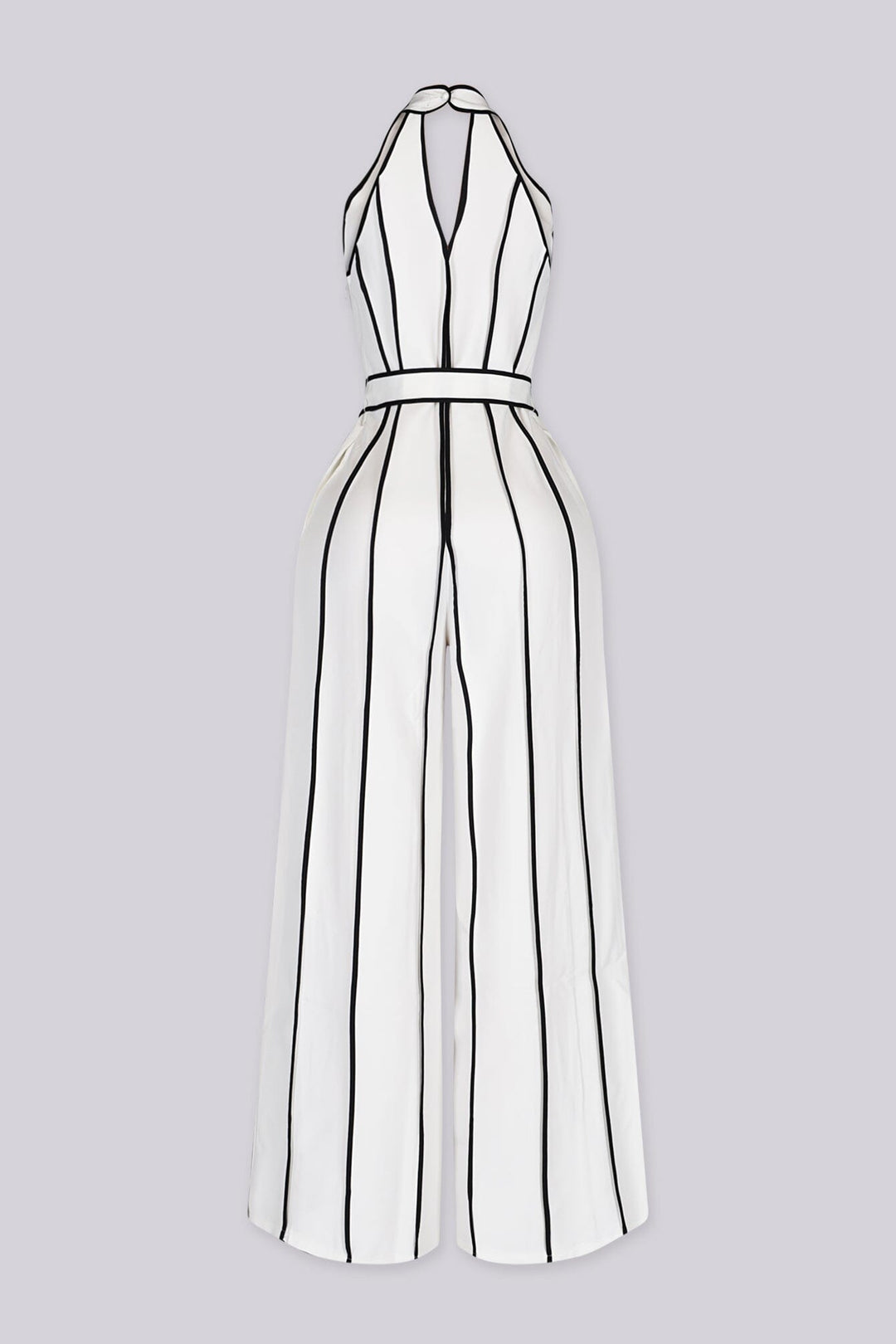 Wide leg halter jumpsuit with a plunging V neckline featuring waist tie