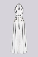 Wide leg halter jumpsuit with a plunging V neckline featuring waist tie