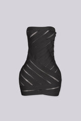 EDGEBYKS - Tube top bandage mini dress featuring diagonal banded stripes with sheer mesh cutouts, front view.