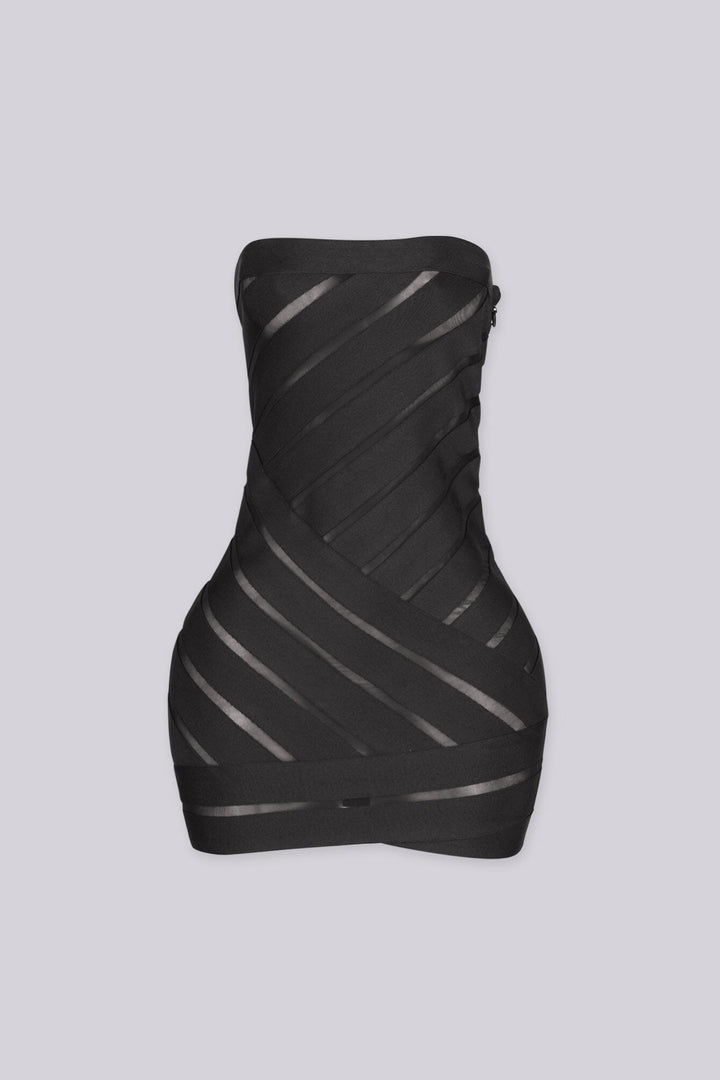 EDGEBYKS - Tube top bandage mini dress featuring diagonal banded stripes with sheer mesh cutouts, front view.