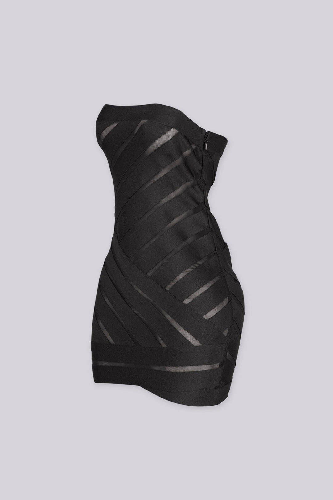 EDGEBYKS - Tube top bandage mini dress featuring diagonal banded stripes with sheer mesh cutouts, side view.