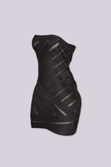 EDGEBYKS - Tube top bandage mini dress featuring diagonal banded stripes with sheer mesh cutouts, side view.