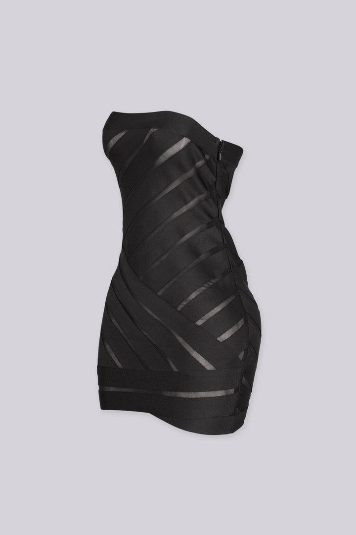 EDGEBYKS - Tube top bandage mini dress featuring diagonal banded stripes with sheer mesh cutouts, side view.