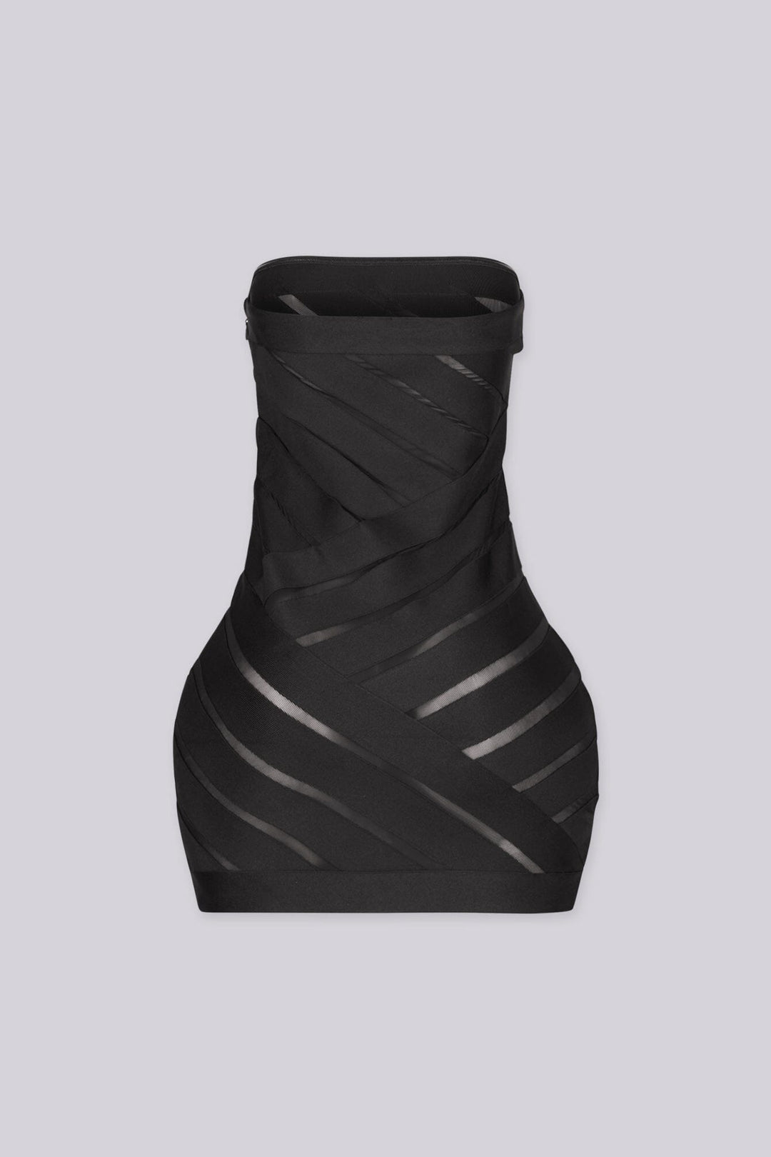EDGEBYKS - Tube top bandage mini dress featuring diagonal banded stripes with sheer mesh cutouts, back view.
