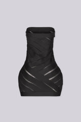 EDGEBYKS - Tube top bandage mini dress featuring diagonal banded stripes with sheer mesh cutouts, back view.