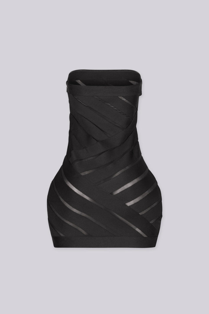 EDGEBYKS - Tube top bandage mini dress featuring diagonal banded stripes with sheer mesh cutouts, back view.