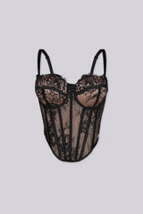 Structured floral lace corset top with sheer mesh paneling, front view