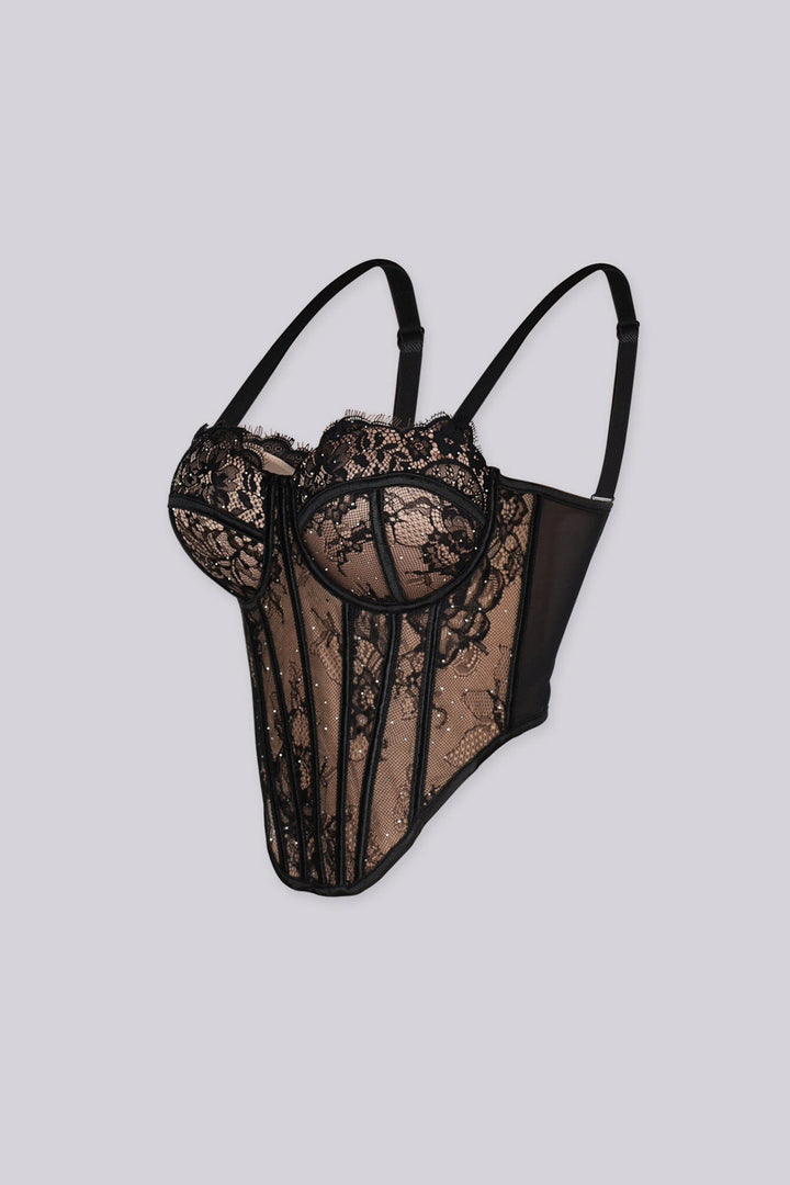 Structured floral lace corset top with sheer mesh paneling, side view