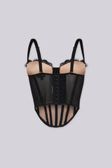 Structured floral lace corset top with sheer mesh paneling, back view