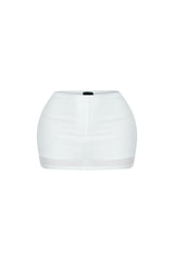 Low rise mini skirt featuring double lining for a tight fit
Attached inner shorts