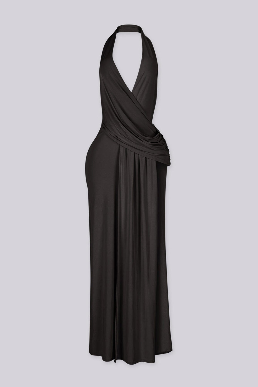 Plunging V cowl neck halter maxi dress with surplice wrap drape across the chest
Open back design with high side slit