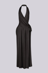 Plunging V cowl neck halter maxi dress with surplice wrap drape across the chest
Open back design with high side slit