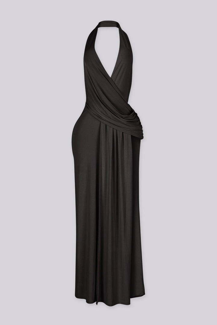Plunging V cowl neck halter maxi dress with surplice wrap drape across the chest
Open back design with high side slit