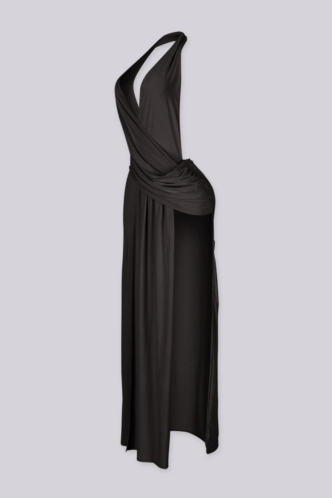 Plunging V cowl neck halter maxi dress with surplice wrap drape across the chest
Open back design with high side slit