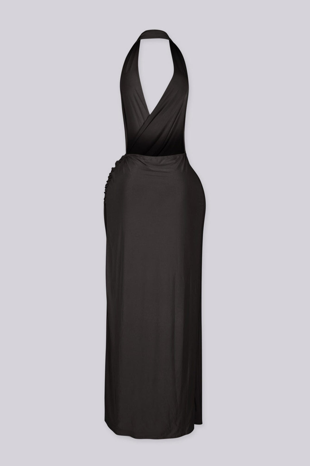 Plunging V cowl neck halter maxi dress with surplice wrap drape across the chest
Open back design with high side slit