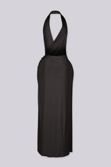 Plunging V cowl neck halter maxi dress with surplice wrap drape across the chest
Open back design with high side slit