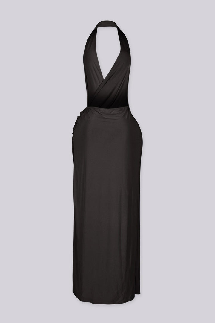 Plunging V cowl neck halter maxi dress with surplice wrap drape across the chest
Open back design with high side slit