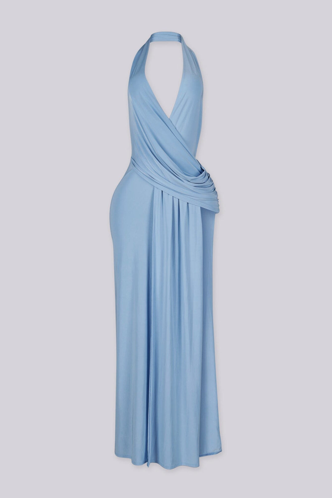 Plunging V cowl neck halter maxi dress with surplice wrap drape across the chest
Open back design with high side slit