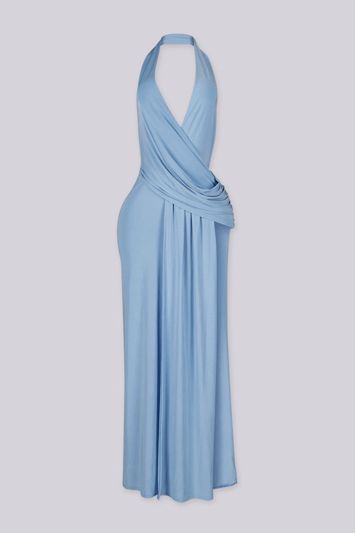 Plunging V cowl neck halter maxi dress with surplice wrap drape across the chest
Open back design with high side slit
