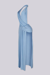 Plunging V cowl neck halter maxi dress with surplice wrap drape across the chest
Open back design with high side slit