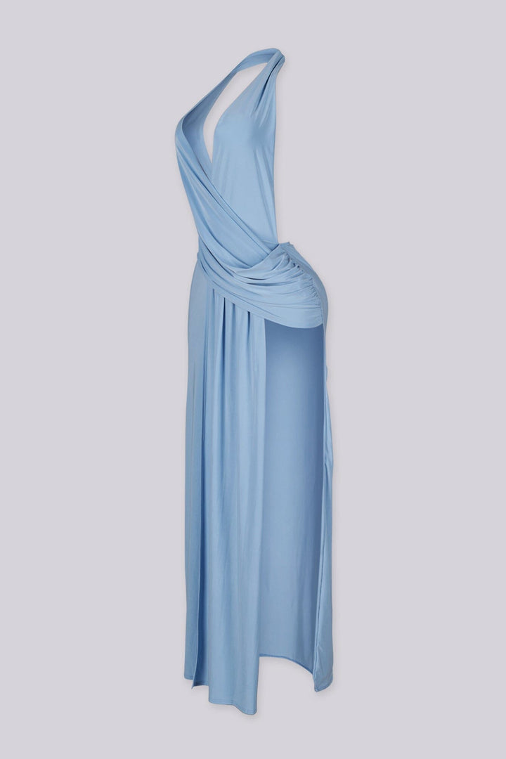 Plunging V cowl neck halter maxi dress with surplice wrap drape across the chest
Open back design with high side slit