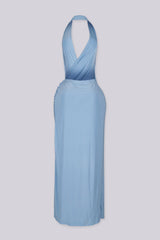 Plunging V cowl neck halter maxi dress with surplice wrap drape across the chest
Open back design with high side slit