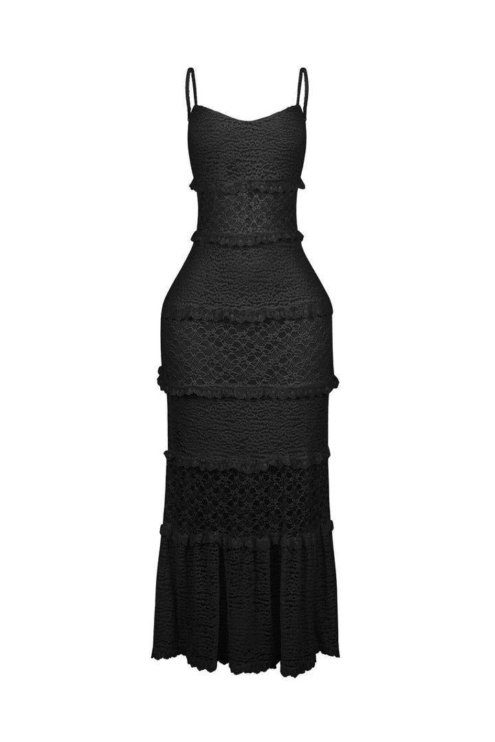 Fitted floral lace maxi dress with sweetheart neckline and adjustable spaghetti straps featuring subtle ruffled horizontal tier detail