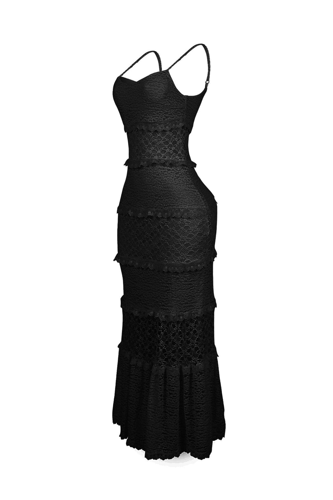 Fitted floral lace maxi dress with sweetheart neckline and adjustable spaghetti straps featuring subtle ruffled horizontal tier detail