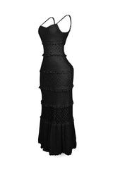 Fitted floral lace maxi dress with sweetheart neckline and adjustable spaghetti straps featuring subtle ruffled horizontal tier detail