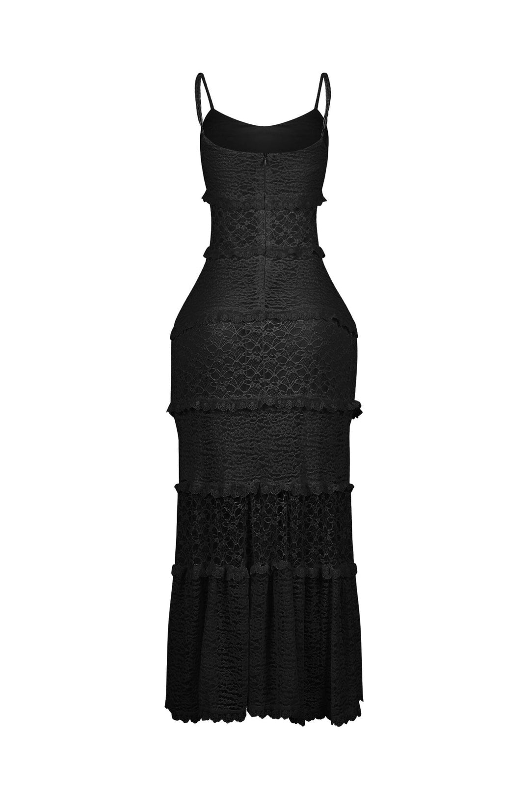 Fitted floral lace maxi dress with sweetheart neckline and adjustable spaghetti straps featuring subtle ruffled horizontal tier detail