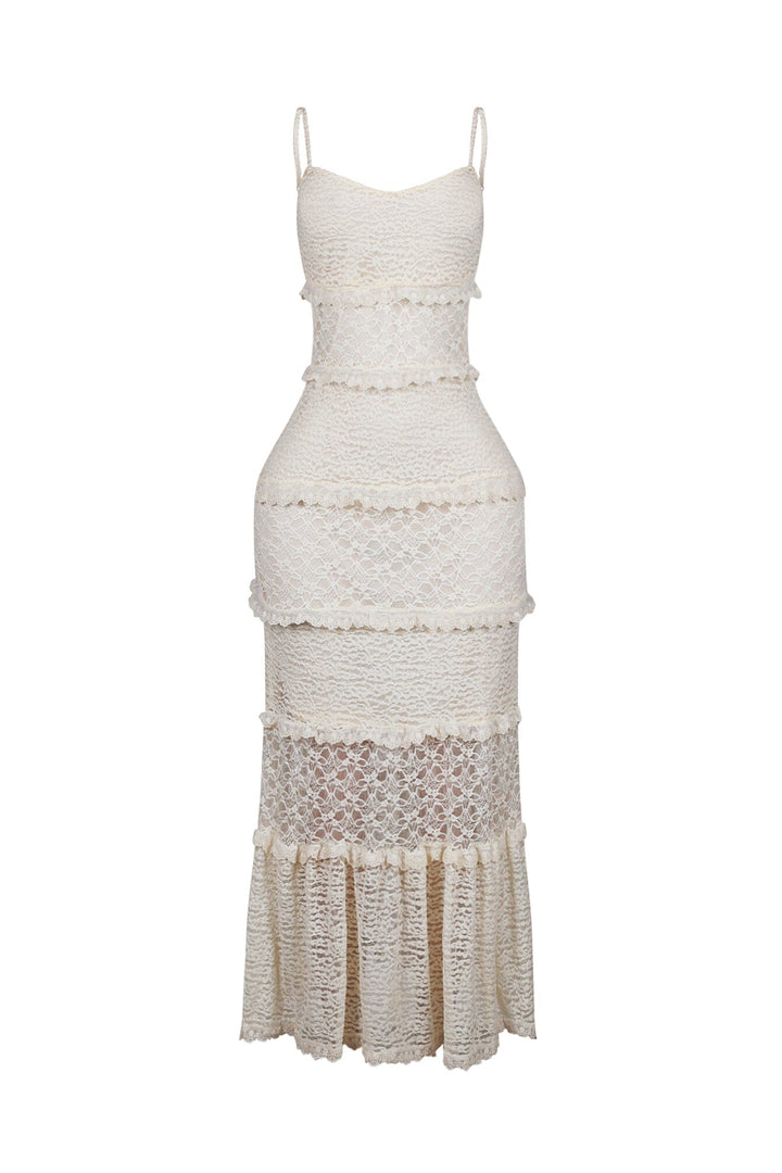 Fitted floral lace maxi dress with sweetheart neckline and adjustable spaghetti straps featuring subtle ruffled horizontal tier detail
