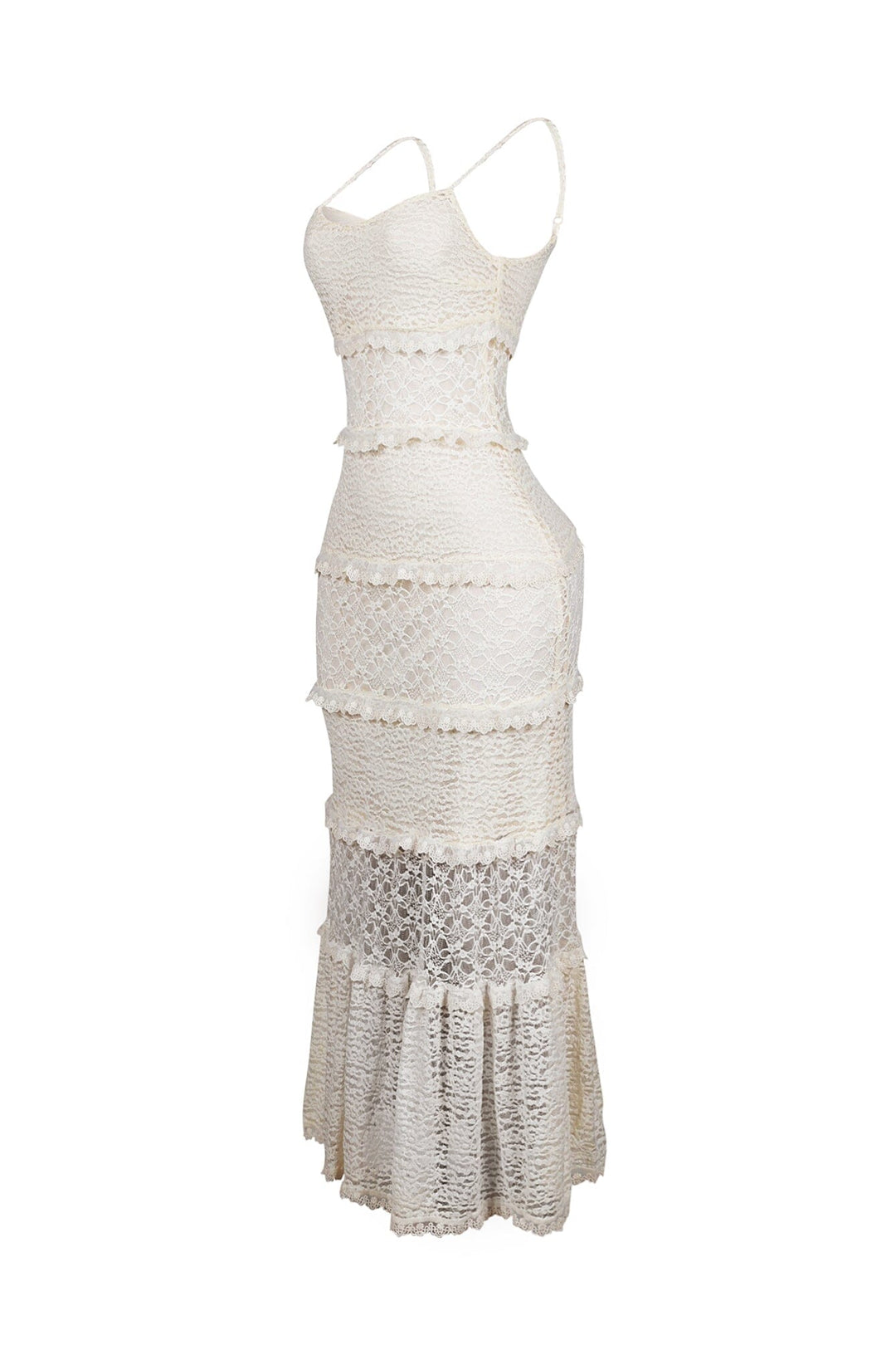 Fitted floral lace maxi dress with sweetheart neckline and adjustable spaghetti straps featuring subtle ruffled horizontal tier detail
