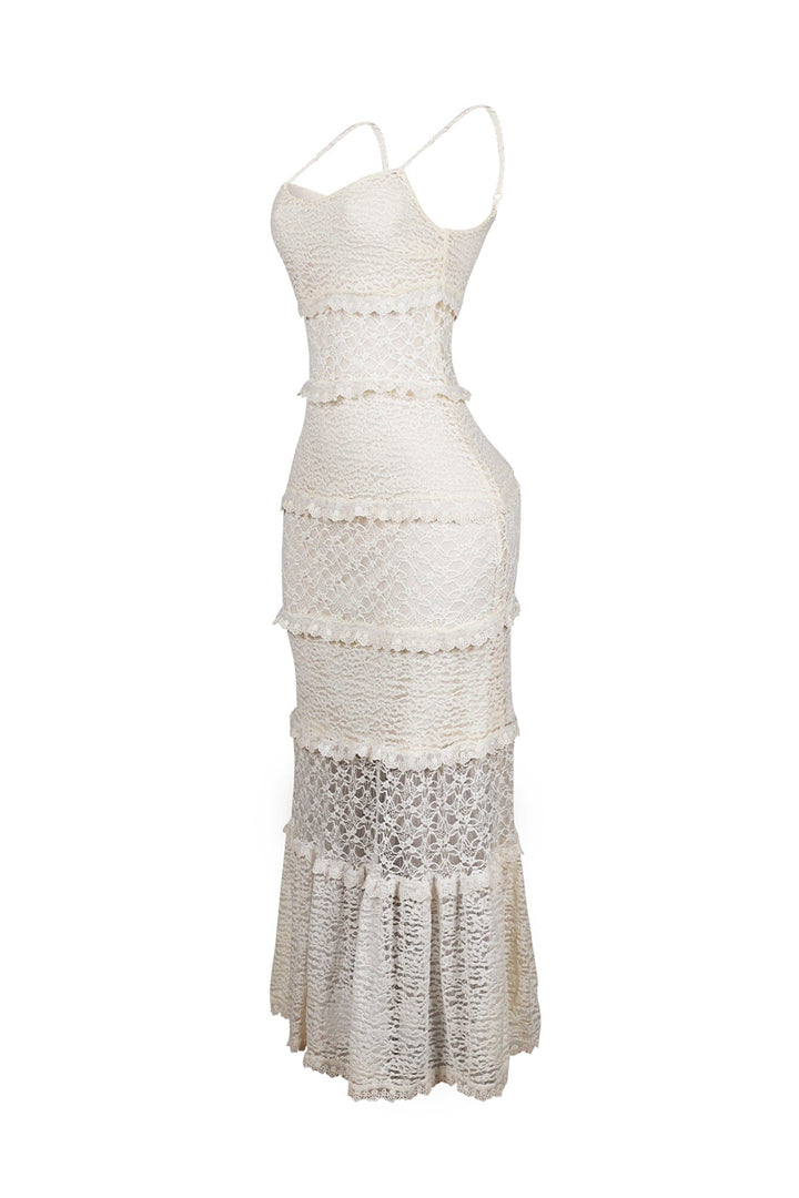 Fitted floral lace maxi dress with sweetheart neckline and adjustable spaghetti straps featuring subtle ruffled horizontal tier detail