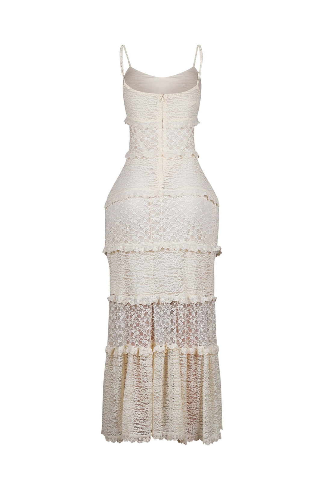 Fitted floral lace maxi dress with sweetheart neckline and adjustable spaghetti straps featuring subtle ruffled horizontal tier detail