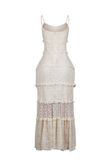 Fitted floral lace maxi dress with sweetheart neckline and adjustable spaghetti straps featuring subtle ruffled horizontal tier detail