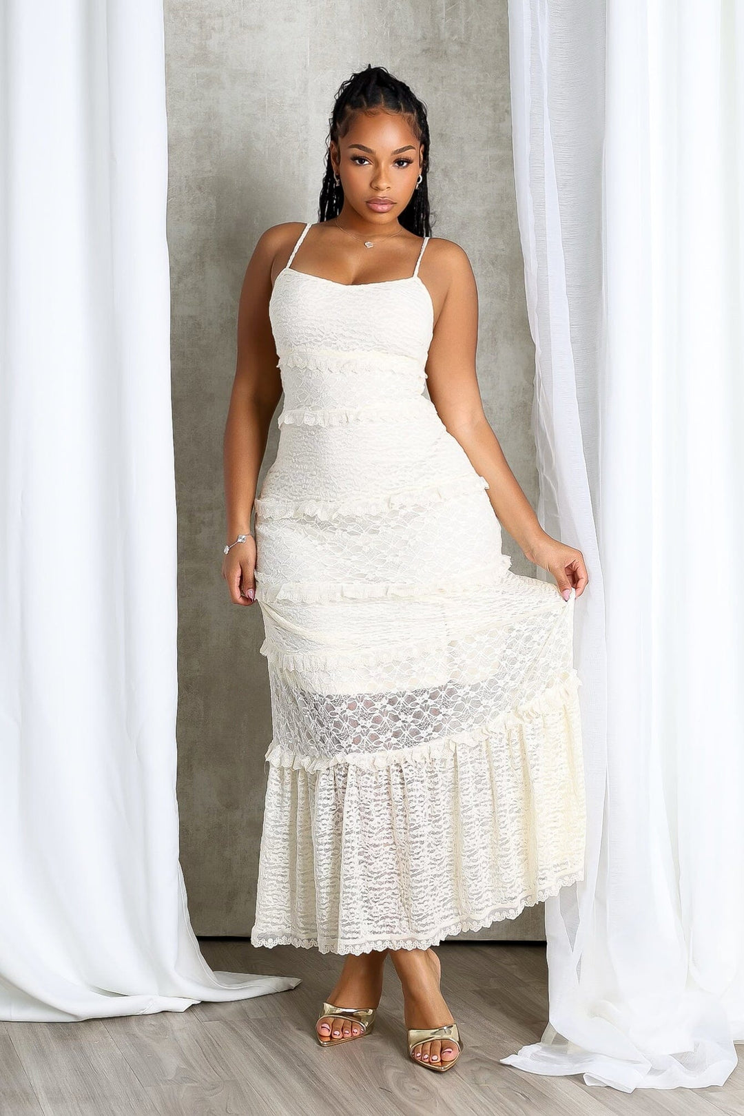 Fitted floral lace maxi dress with sweetheart neckline and adjustable spaghetti straps featuring subtle ruffled horizontal tier detail