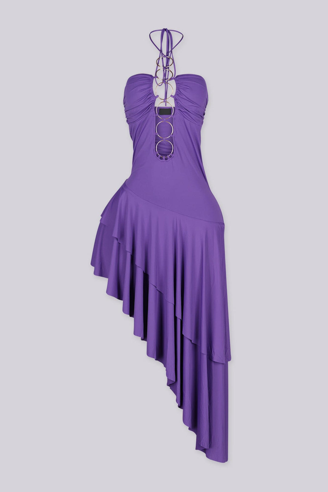 Stretch halter midi dress with ruched sweetheart bust and gold ring hardware details