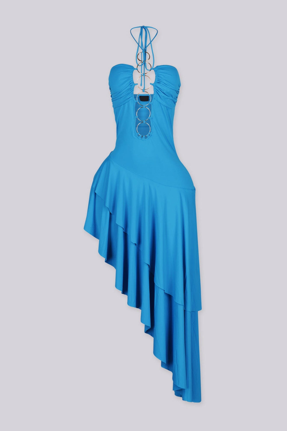 Stretch halter midi dress with ruched sweetheart bust and gold ring hardware details