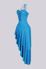 Stretch halter midi dress with ruched sweetheart bust and gold ring hardware details