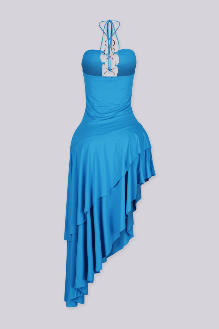 Stretch halter midi dress with ruched sweetheart bust and gold ring hardware details