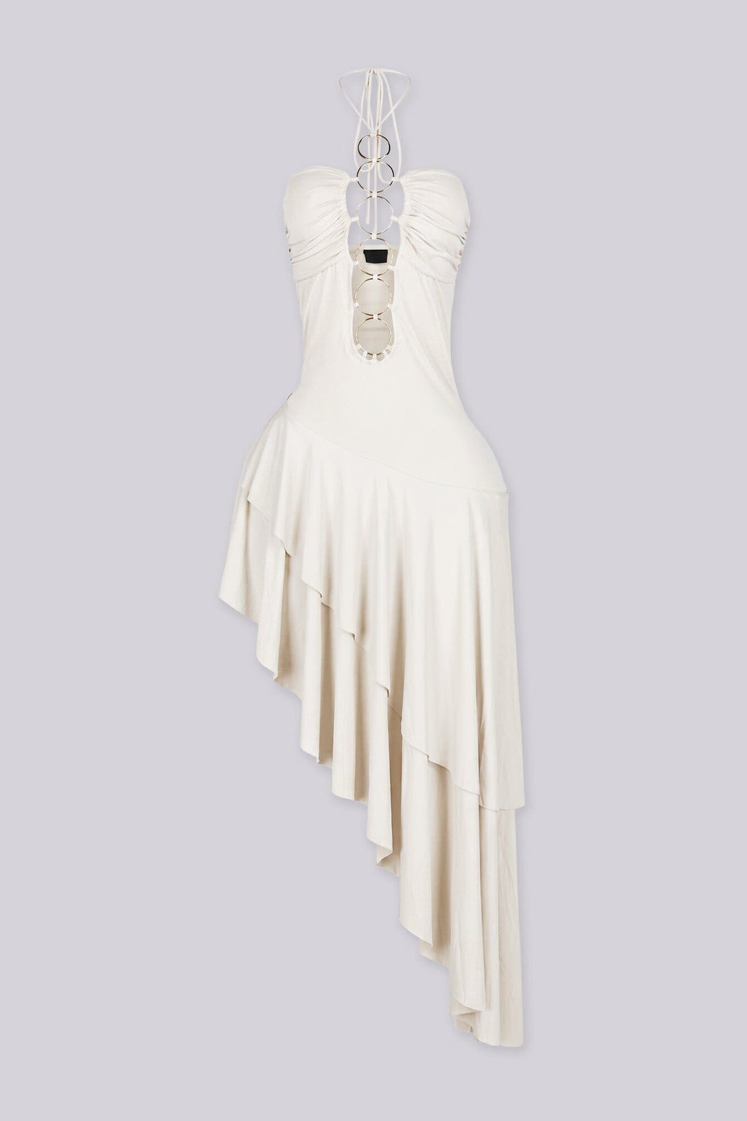 Stretch halter midi dress with ruched sweetheart bust and gold ring hardware details