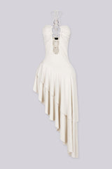 Stretch halter midi dress with ruched sweetheart bust and gold ring hardware details