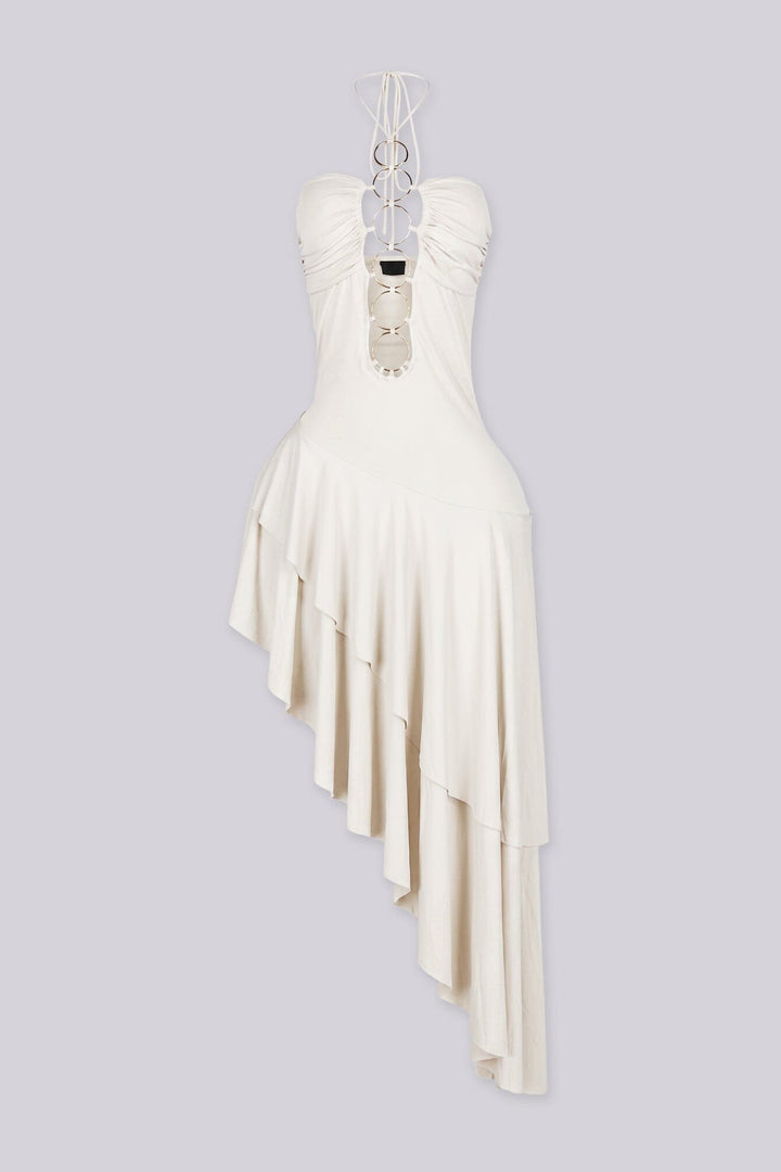 Stretch halter midi dress with ruched sweetheart bust and gold ring hardware details