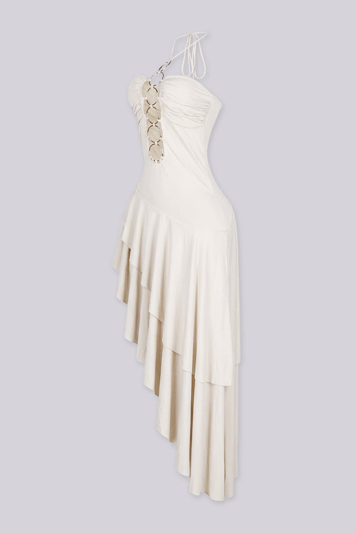 Stretch halter midi dress with ruched sweetheart bust and gold ring hardware details