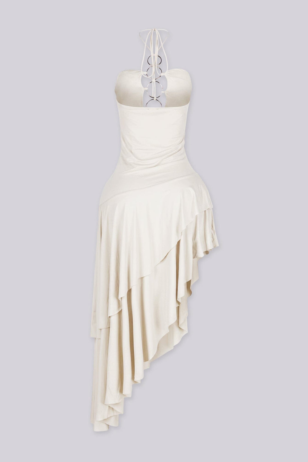 Stretch halter midi dress with ruched sweetheart bust and gold ring hardware details